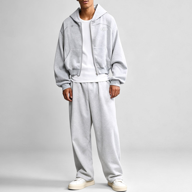 Custom Men's Cropped Oversized Full Zip Hoodie Curved Raglan Seam Heavyweight French Terry Wide Leg Streetwear Tracksuit