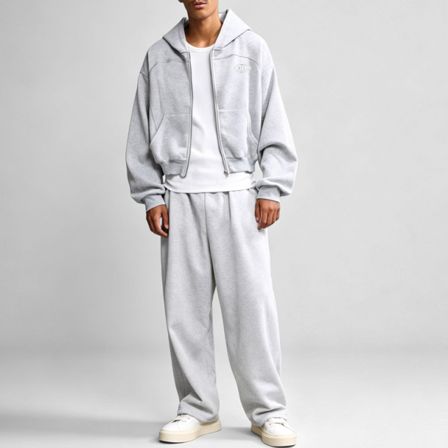 Custom Men's Cropped Oversized Full Zip Hoodie Curved Raglan Seam Heavyweight French Terry Wide Leg Streetwear Tracksuit
