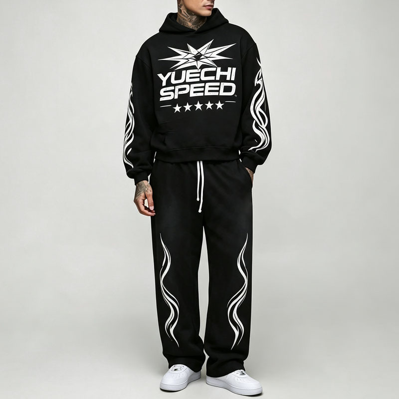 Custom Screen Print Heavyweight 100% Cotton Fleece 2 Pieces Boxy Fit Baggy Pullover Black Green Men's Tracksuit Set