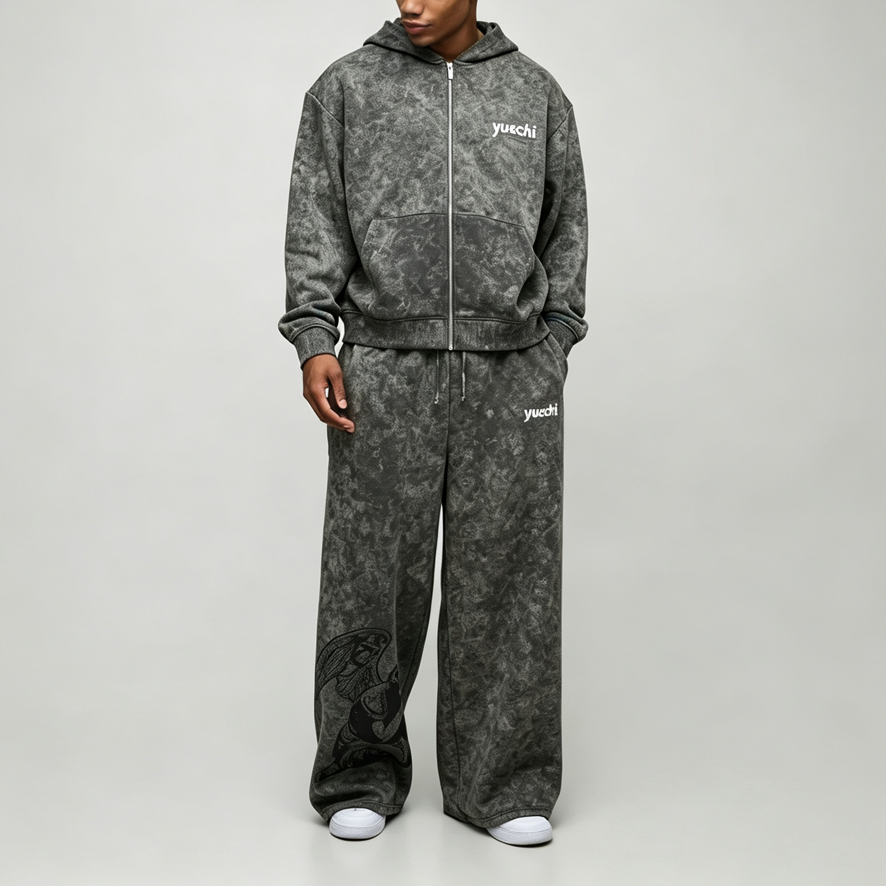 Custom Acid Wash DTG Printed Full Zip 2-Piece Boxy Fit Baggy Wide Leg Charcoal Grey Fleece Winter Streetwear Men's Tracksuit Set