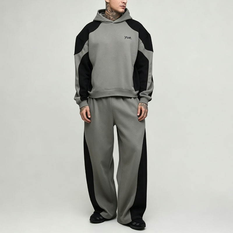 Custom Men's Oversized Boxy Fit Colour Block Hoodie Tracksuit Panel Hooded Jogger Embroidery Soft Jersey Streetwear Two Piece