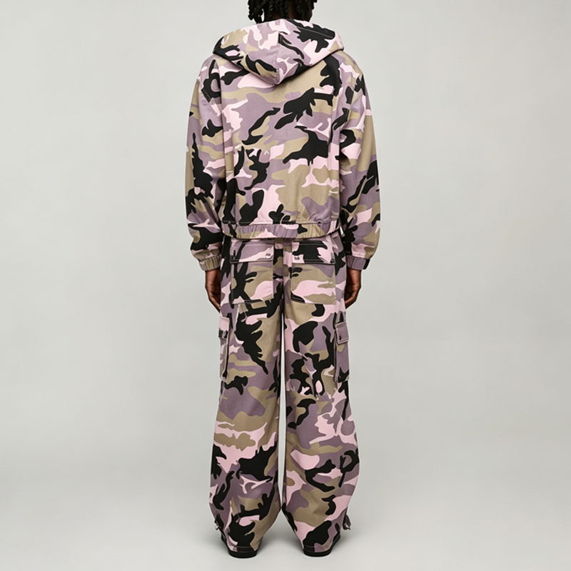 Custom Camo Twill 100% Cotton Full Zip 2 Pieces Hooded Boxy Fit Cropped Wide Leg Pink Purple Men's Lightweight Tracksuit Set