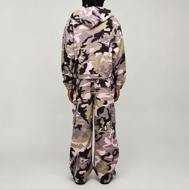 Custom Camo Twill 100% Cotton Full Zip 2 Pieces Hooded Boxy Fit Cropped Wide Leg Pink Purple Men's Lightweight Tracksuit Set