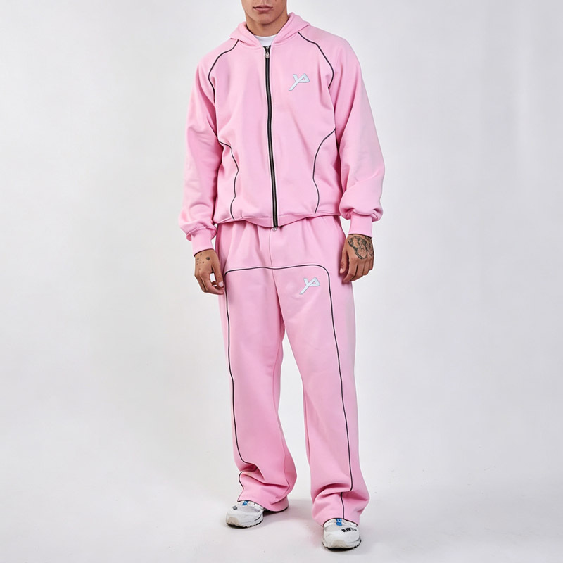 Custom Men's 100% Cotton French Terry Tracksuit Black Piping Embroidery Loose Wide Leg Zip Hoodie Sweatpants Street Set