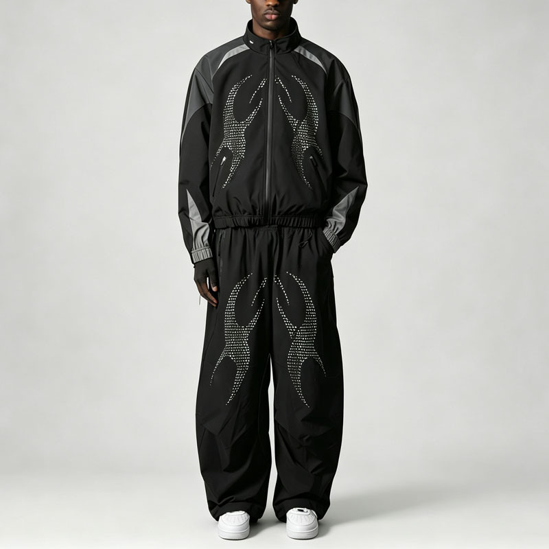 Custom Mens 3M Reflective Panelling Tracksuit Perforated Graphic Slight Crop Full Zip Jacket and Wide Leg Pant Streetwear Set