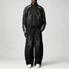 Custom Mens 3M Reflective Panelling Tracksuit Perforated Graphic Slight Crop Full Zip Jacket and Wide Leg Pant Streetwear Set