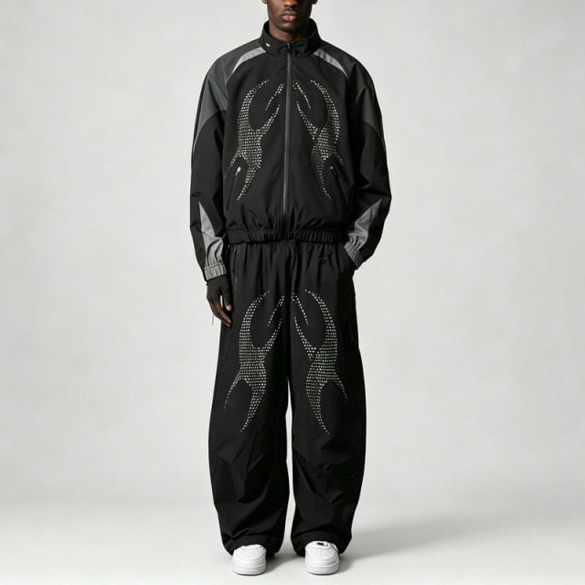 Custom Mens 3M Reflective Panelling Tracksuit Perforated Graphic Slight Crop Full Zip Jacket and Wide Leg Pant Streetwear Set