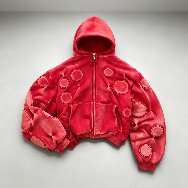 Custom Men's Sun Faded Red Heavyweight Fleece Tracksuit 3D Applique Embroidery Full Zip Cropped Hoodie Wide Leg Pants