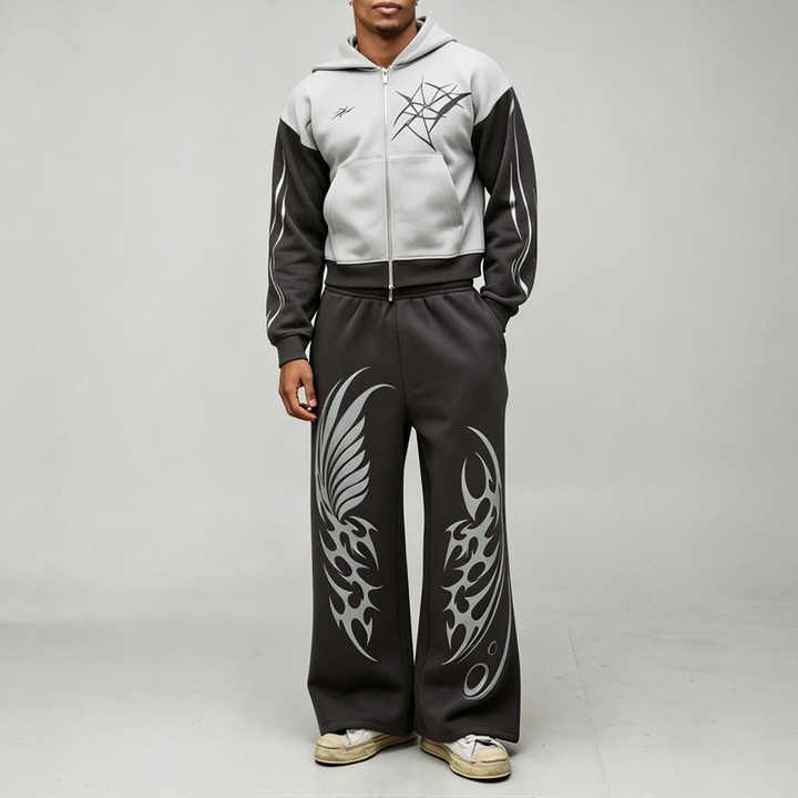 Custom Shrunken Gothic Zip Extreme Wide Leg 2 Pieces Heather Grey Charcoal Polyester High Quality Men's Embroidery Tracksuit