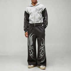 Custom Shrunken Gothic Zip Extreme Wide Leg 2 Pieces Heather Grey Charcoal Polyester High Quality Men's Embroidery Tracksuit
