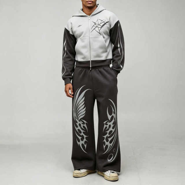 Custom Shrunken Gothic Zip Extreme Wide Leg 2 Pieces Heather Grey Charcoal Polyester High Quality Men's Embroidery Tracksuit