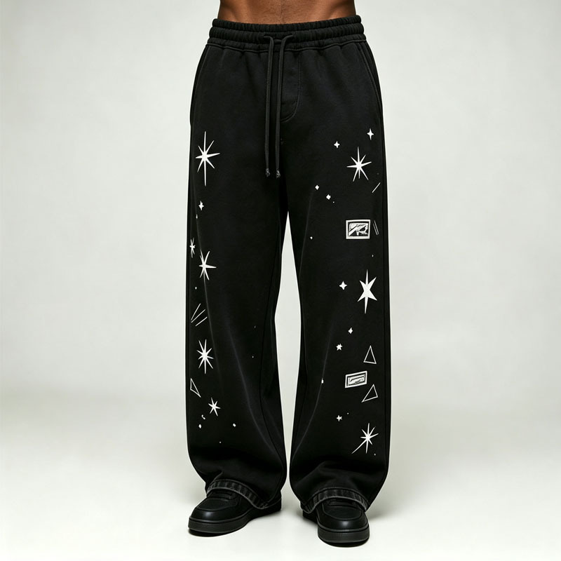 Custom Puff Screen Printing 2 Pieces Boxy Fit Baggy Wide Leg Black Cotton Fleece Urban Men's Graffiti Tracksuit Set