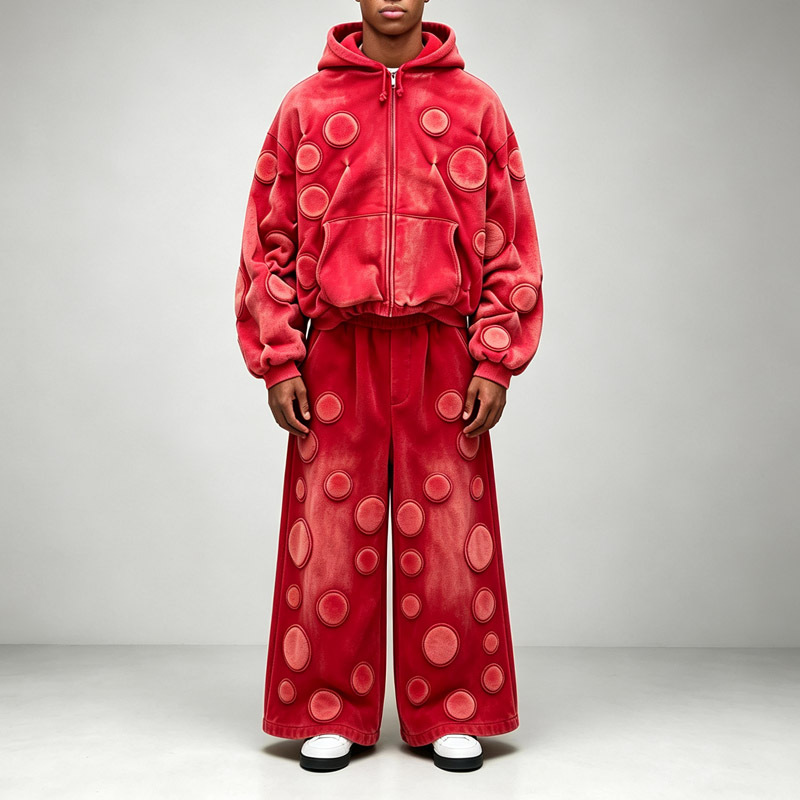 Custom Men's Sun Faded Red Heavyweight Fleece Tracksuit 3D Applique Embroidery Full Zip Cropped Hoodie Wide Leg Pants