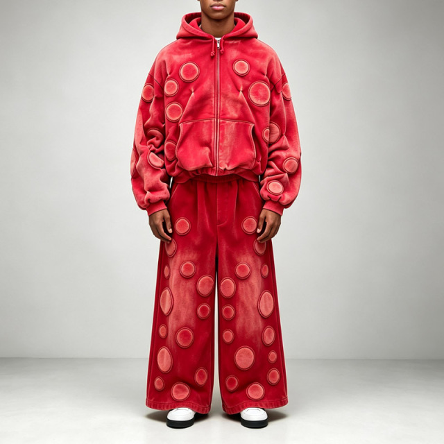 Custom Men's Sun Faded Red Heavyweight Fleece Tracksuit 3D Applique Embroidery Full Zip Cropped Hoodie Wide Leg Pants
