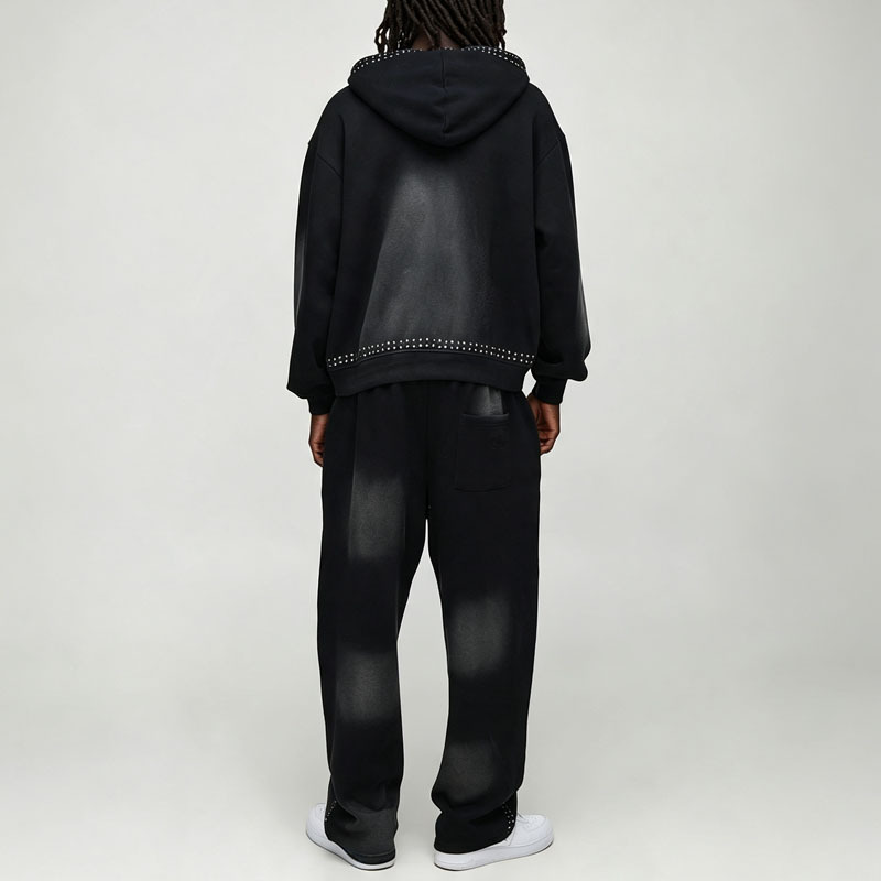 Custom Sun Faded Studded Rivet Boxy Fit 2 Pieces Full Zip up Baggy Wide Leg Urban Streetwear Men's 100% Cotton Tracksuit