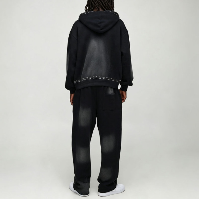 Custom Sun Faded Studded Rivet Boxy Fit 2 Pieces Full Zip up Baggy Wide Leg Urban Streetwear Men's 100% Cotton Tracksuit