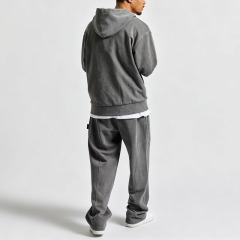 Custom Men Oversized Fit Full Zip Hoodie Tracksuit 100% Cotton French Terry Washed Distressed Applique Embroidery Wide Leg