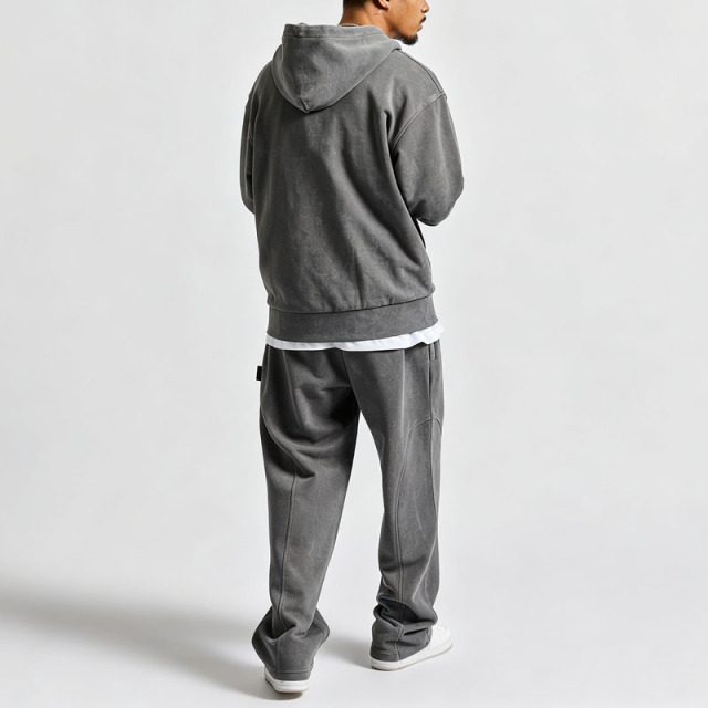 Custom Men Oversized Fit Full Zip Hoodie Tracksuit 100% Cotton French Terry Washed Distressed Applique Embroidery Wide Leg