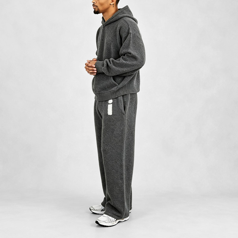 Men's Boxy Cropped Tracksuit 2 Piece Set Charcoal Knit Intarsia Knit Oversized Drop Shoulder Elastic Waist Wide Leg Sweatpants