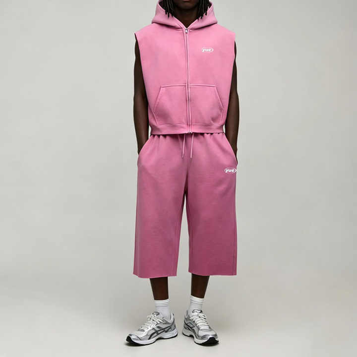 Custom Men's Winter Oversized Washed Sleeveless Zip Hooded Vest Cropped Wide Leg Jogger Tracksuit Fleece Embroidered Logo