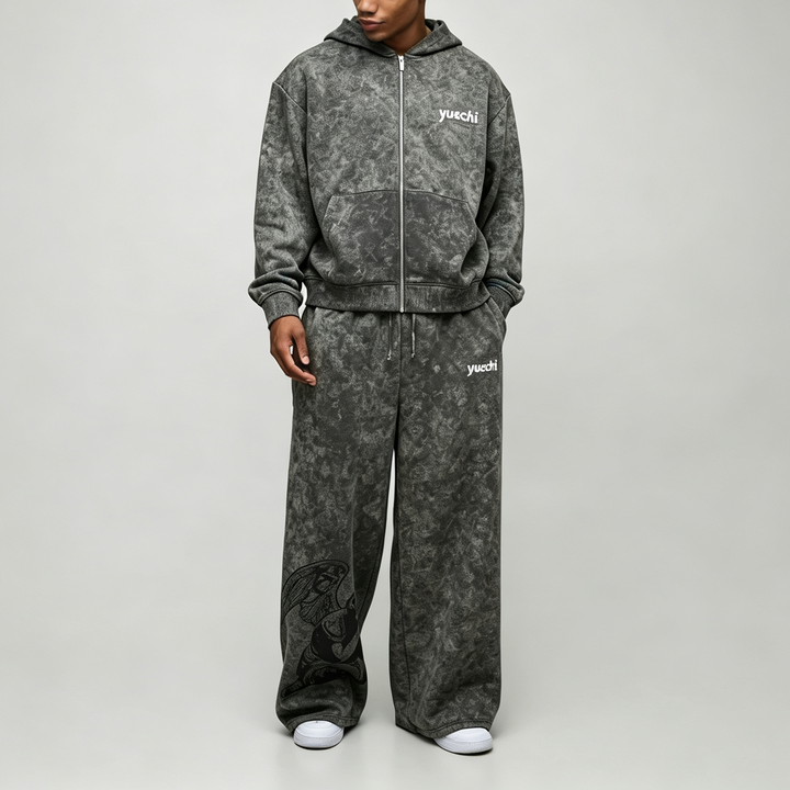 Custom Acid Wash DTG Printed Full Zip 2-Piece Boxy Fit Baggy Wide Leg Charcoal Grey Fleece Winter Streetwear Men's Tracksuit Set
