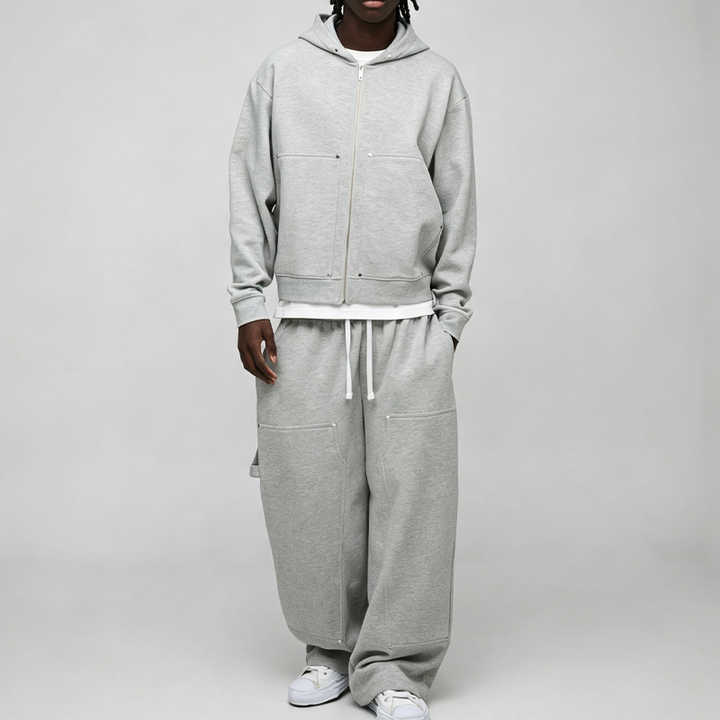 Custom Studded Rivet Metal Detail Boxy Fit Cropped Wide Leg Baggy Grey Cotton Men's Heavyweight Fleece Winter Streetwear