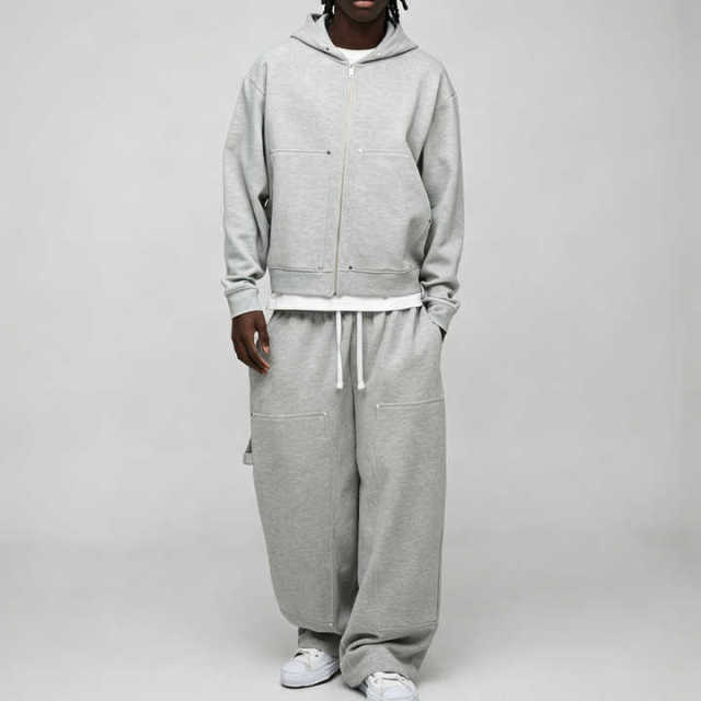 Custom Studded Rivet Metal Detail Boxy Fit Cropped Wide Leg Baggy Grey Cotton Men's Heavyweight Fleece Winter Streetwear