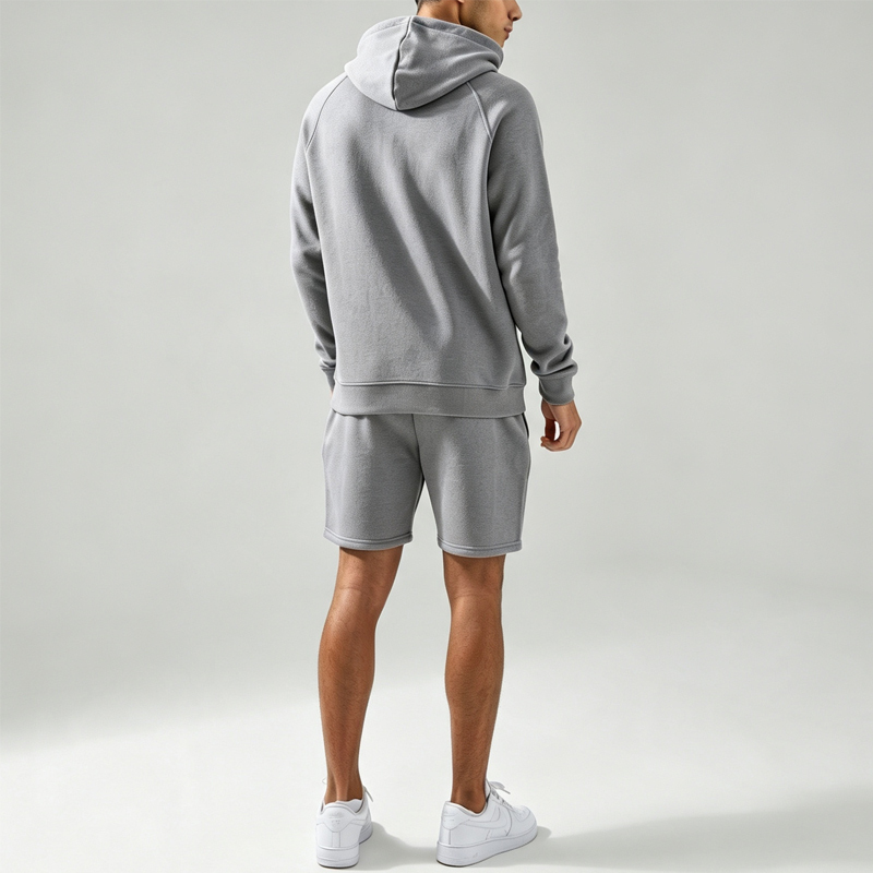 Custom Made Raglan Sleeve Patch Embroidery 2 Pieces Pullover Hoodie Knee Length Shorts Heather Grey Men's Urban Tracksuit Set