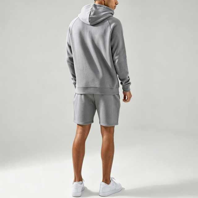 Custom Made Raglan Sleeve Patch Embroidery 2 Pieces Pullover Hoodie Knee Length Shorts Heather Grey Men's Urban Tracksuit Set