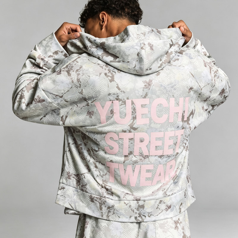 Men All Over Camo Print Full Zip Hooded Tracksuit Boxy Oversized Dropped Shoulder Silkscreen Print Streetwear Two Piece Set