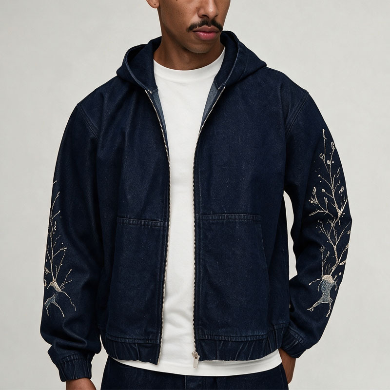 Men Washed Embroidered Denim Two Piece Set Zip up Hooded Cropped Denim Jacket Wide Leg Denim Shorts 100% Cotton Streetwear
