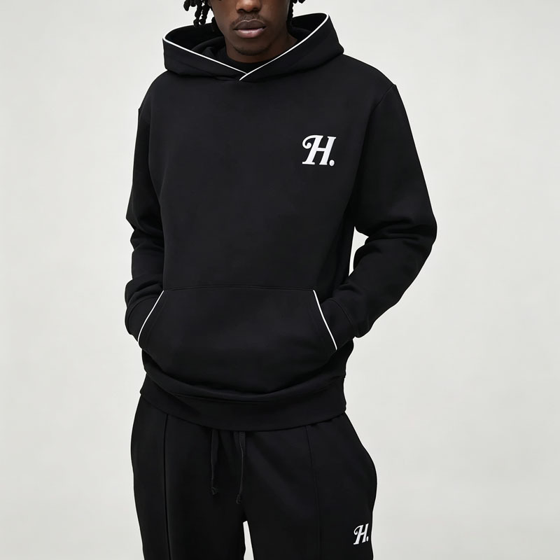Custom Mens Regular Fit Embroidered Piped Hoodie Jogger Tracksuit Cotton Blend Solid Black Tall Sizing Casual Streetwear