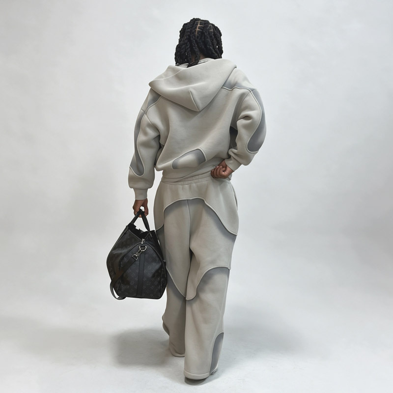 Men's Spray Print Color Block Tracksuit Exposed Raw Seam Full Zip Hoodie Wide Leg Sweatpants 100% Cotton Fleece High Street