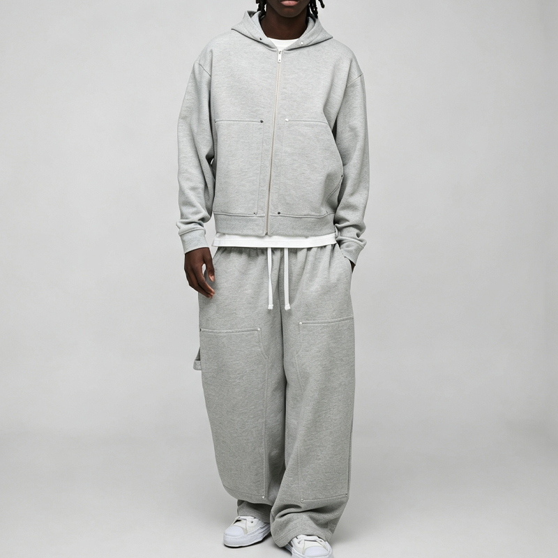 Custom Studded Rivet Metal Detail Boxy Fit Cropped Wide Leg Baggy Grey Cotton Men's Heavyweight Fleece Winter Streetwear