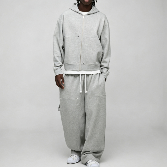 Custom Studded Rivet Metal Detail Boxy Fit Cropped Wide Leg Baggy Grey Cotton Men's Heavyweight Fleece Winter Streetwear