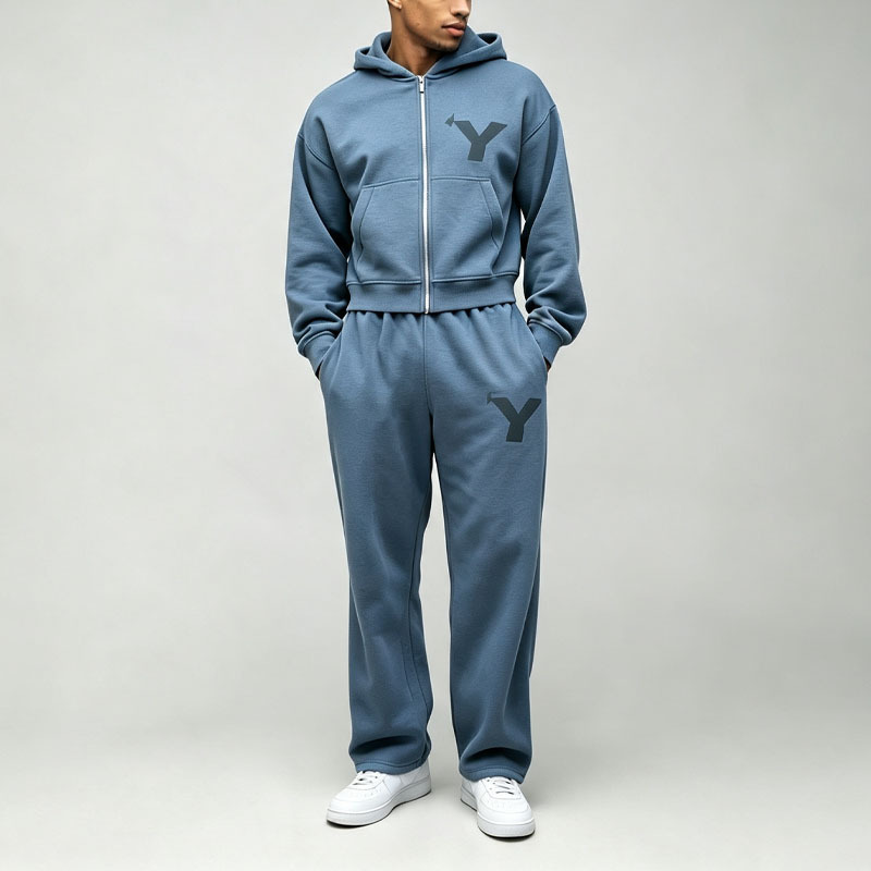 Custom DTG Printed 2-Piece Boxy Fit Cropped Full-Zip Wide-Leg Steel Blue French Terry Men's Heavyweight Winter Streetwear