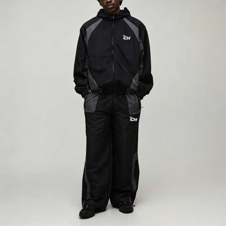 Custom Men's Boxy Fit Color Block Hooded Jacket Set Funnel Neck With Hood Technical Streetwear Lightweight Nylon Tracksuit,Leading Custom Apparel Manufacturer | Your Trusted China Sourcing Partner | YC/YUECHI,Custom Men's Boxy Fit Color Block Hooded Jacket Funnel Neck With Hood Technical Streetwear Lightweight Nylon Tracksuit