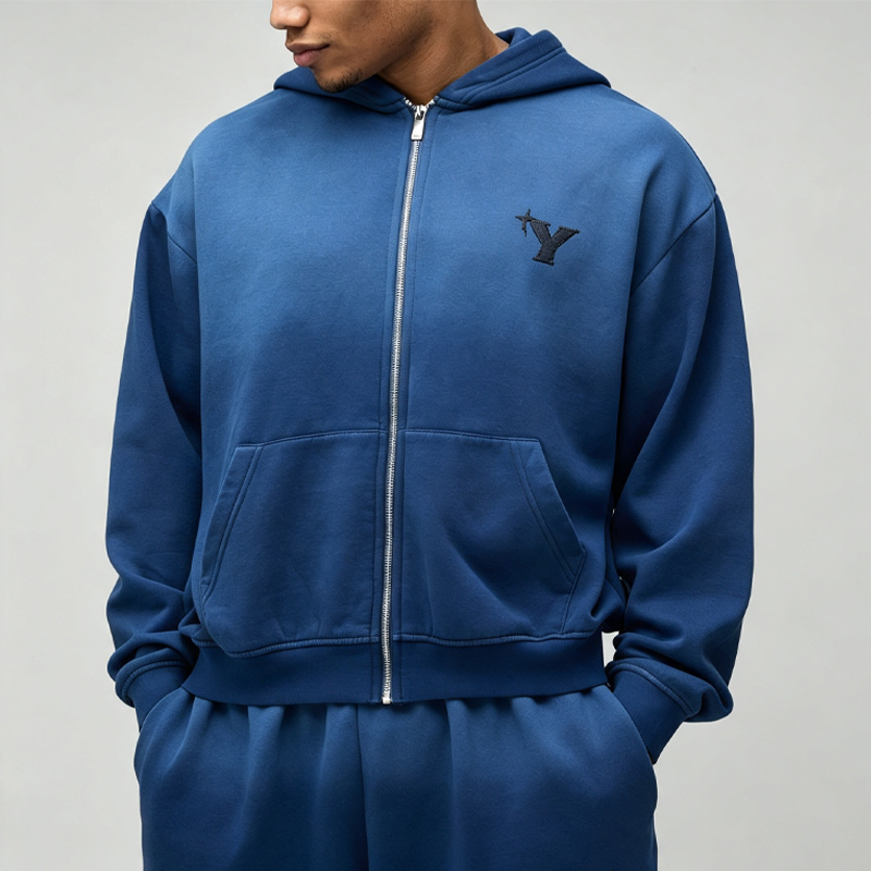 Custom Sun Faded Embroidery Full Zip Hoodie Knee Length Shorts 2 Pieces Washed 100% Cotton French Terry Men's Casual Tracksuit