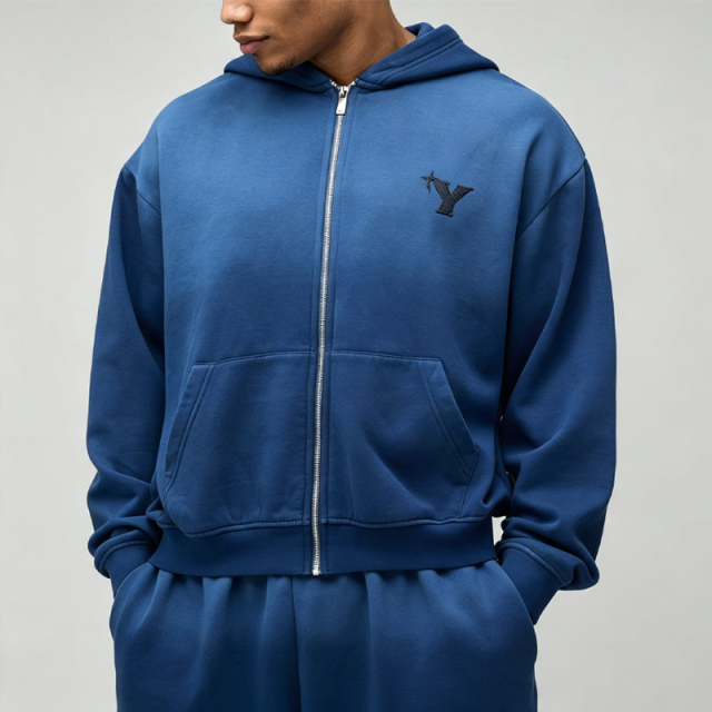 Custom Sun Faded Embroidery Full Zip Hoodie Knee Length Shorts 2 Pieces Washed 100% Cotton French Terry Men's Casual Tracksuit