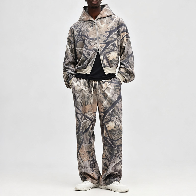 Men Camouflage Full Zip Cropped Tracksuit All Over Full Printing 100% Polyester Loose Wide Leg Sweatpants Streetwear 2 Piece Set