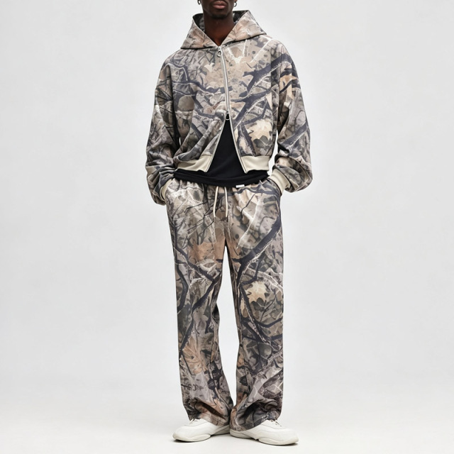 Men Camouflage Full Zip Cropped Tracksuit All Over Full Printing 100% Polyester Loose Wide Leg Sweatpants Streetwear 2 Piece Set