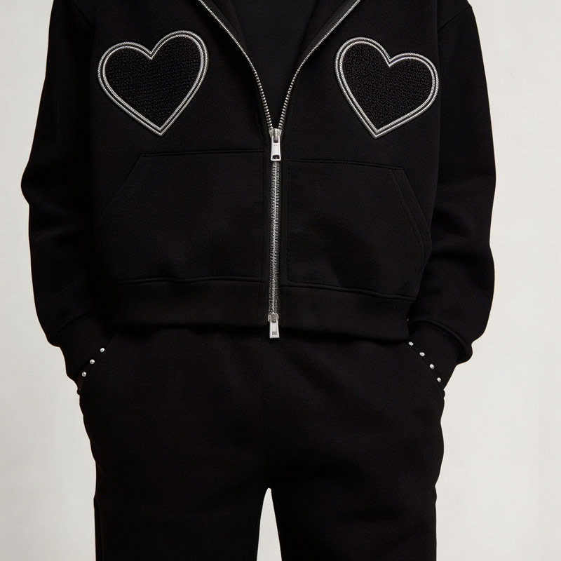 Custom Men Boxy Oversized Full Zip Hoodie Tracksuit 2 Piece Set 100% Cotton French Terry Heart Applique Embroidery Streetwear