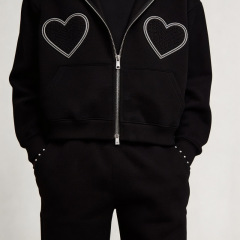 Custom Men Boxy Oversized Full Zip Hoodie Tracksuit 2 Piece Set 100% Cotton French Terry Heart Applique Embroidery Streetwear