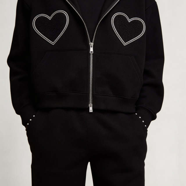 Custom Men Boxy Oversized Full Zip Hoodie Tracksuit 2 Piece Set 100% Cotton French Terry Heart Applique Embroidery Streetwear