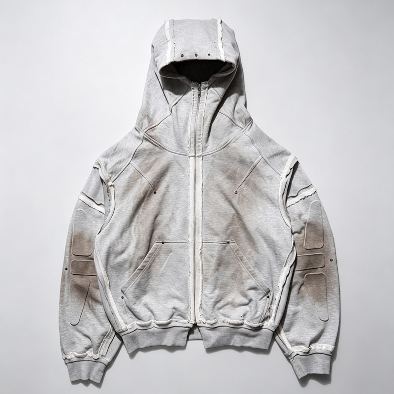 Men's Mud Dye Vintage Tactical Tracksuit Detachable Sleeve Full Zip Hoodie Embossed Heavyweight French Terry Dark Avant Garde