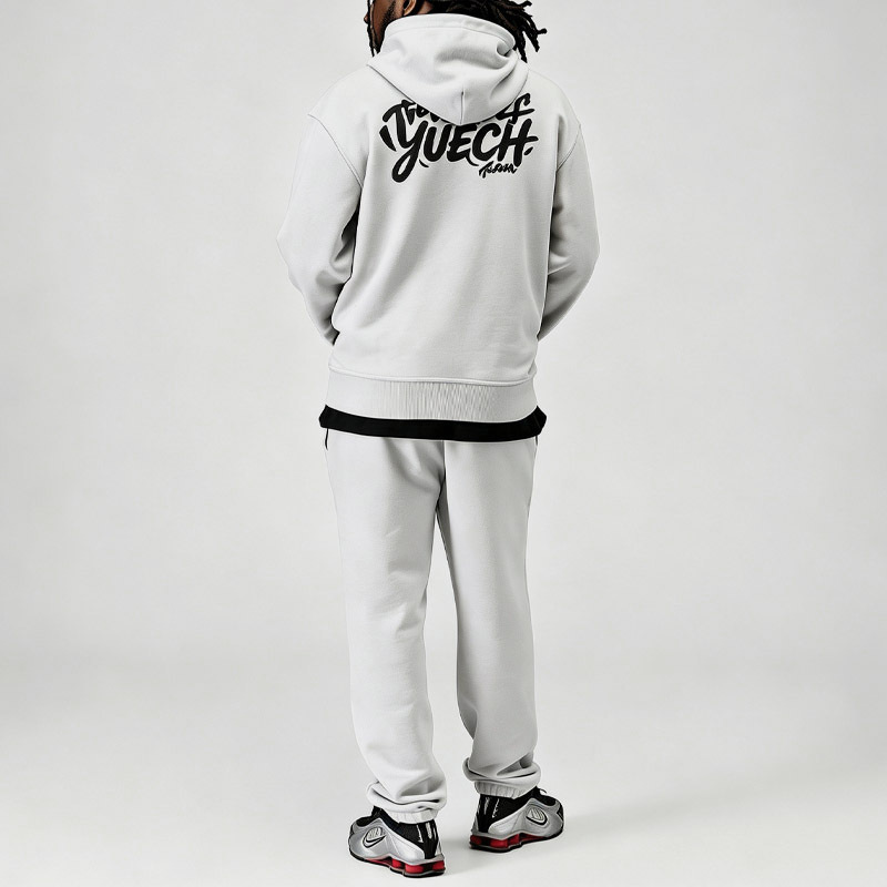 Custom Puff Printing Men's Relaxed Fit Full Zip Hoodie Tracksuit 100% Cotton French Terry Cuffed Jogger Two Piece Set