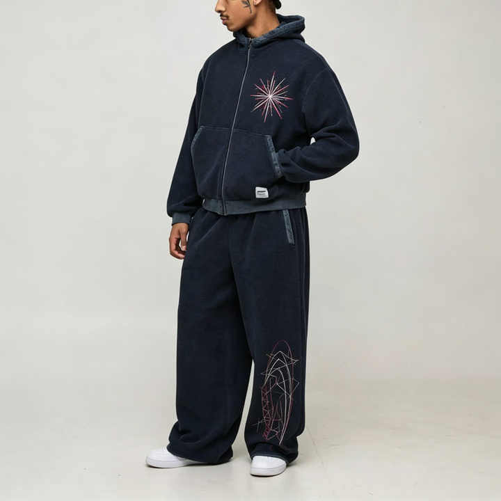 Custom Men's Cropped Zip up Hoodie Wide Leg Jogger Tracksuit Vintage Washed Fleece Star Embroidery Streetwear Two Piece Outfit