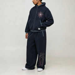 Custom Men's Cropped Zip up Hoodie Wide Leg Jogger Tracksuit Vintage Washed Fleece Star Embroidery Streetwear Two Piece Outfit