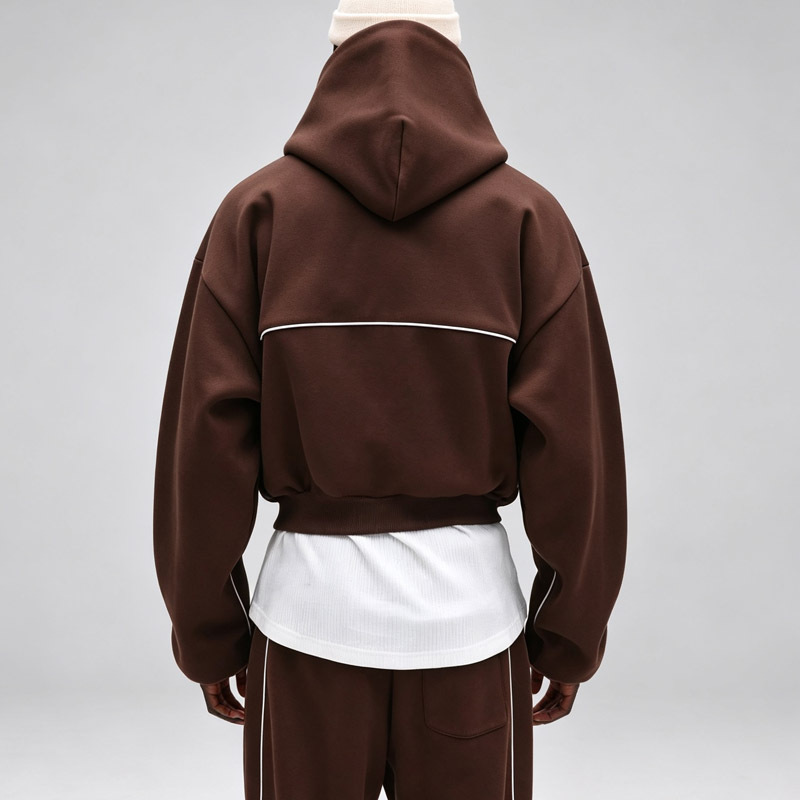Custom Men Brown Cropped Boxy Fit Hoodie Tracksuit White Piping Screen Print Heavyweight Fleece Streetwear Two Piece Set