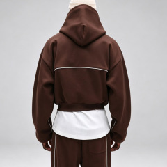 Custom Men Brown Cropped Boxy Fit Hoodie Tracksuit White Piping Screen Print Heavyweight Fleece Streetwear Two Piece Set